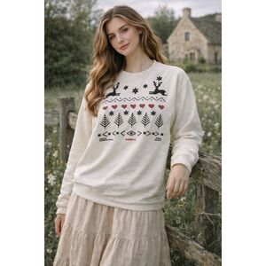 Vtg Swan Magic Sweatshirt Womens L‎ Nordic Deer Embroidered Cottagecore Folk